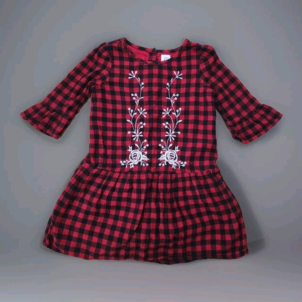 BABY GAP Red Embroidered Plaid Dress Holiday Floral Christmas Size Girls‎ 4yrs
